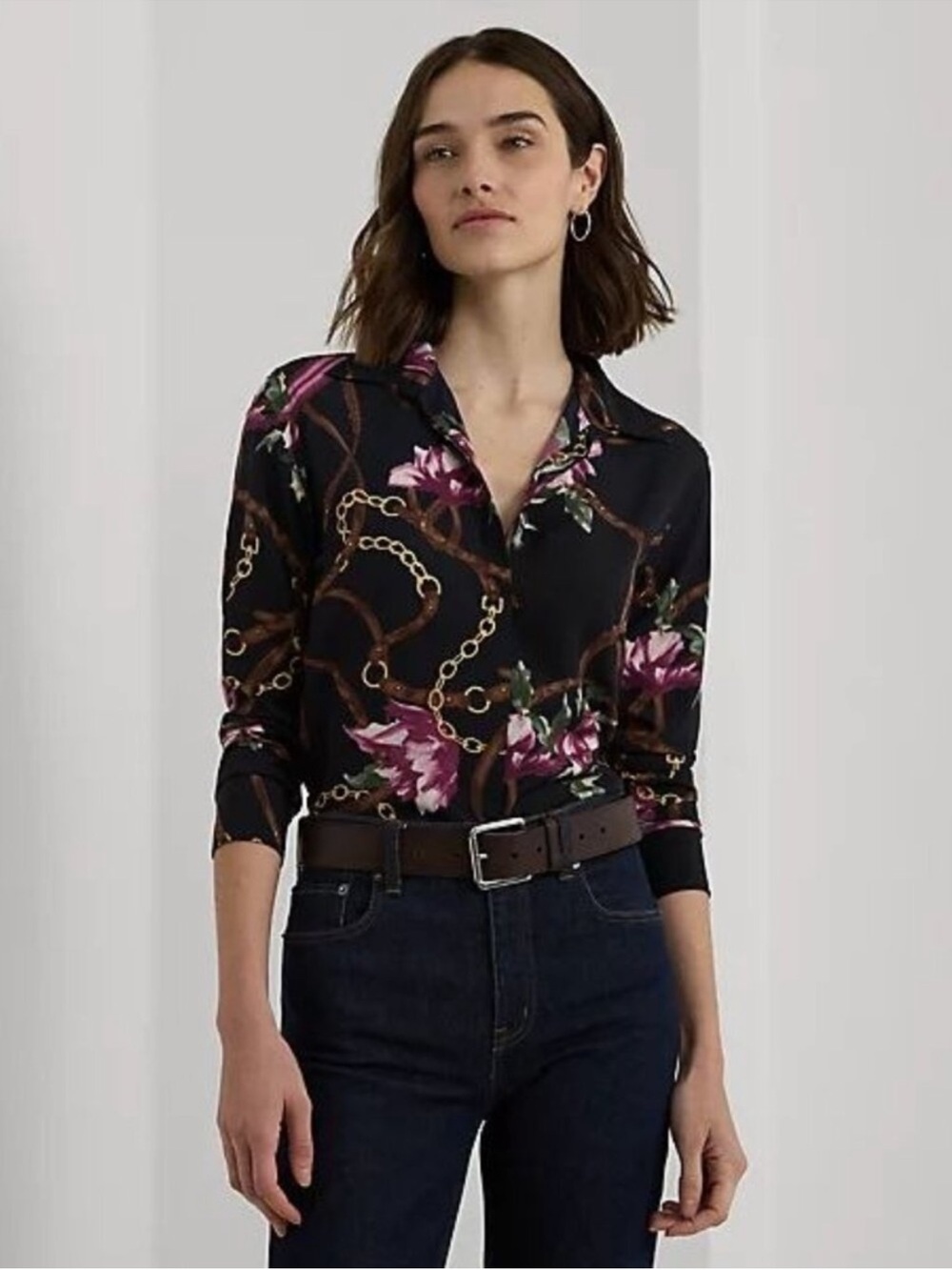 Lauren Ralph Lauren Classic Fit Print Crepe black floral romantic Size XL